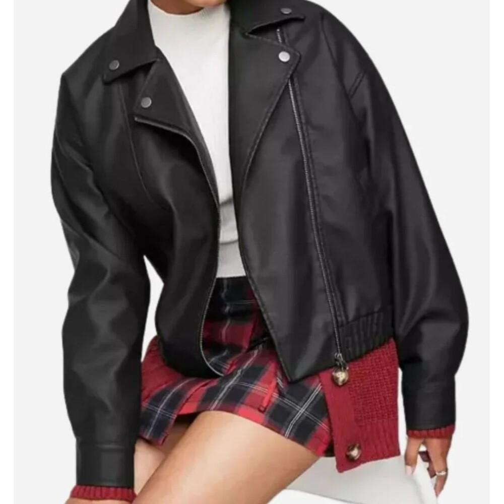 Wild Fable Black Faux Leather Moto Biker Cropped Jacket Asymmetrical Zip XS